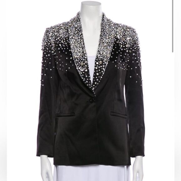 ALICE + OLIVIA Ivan Crystal Pearl Embellished Satin Blazer Black - Picture 7 of 10